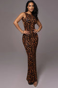 Leopard Print Ruched Round Neck Maxi Dress