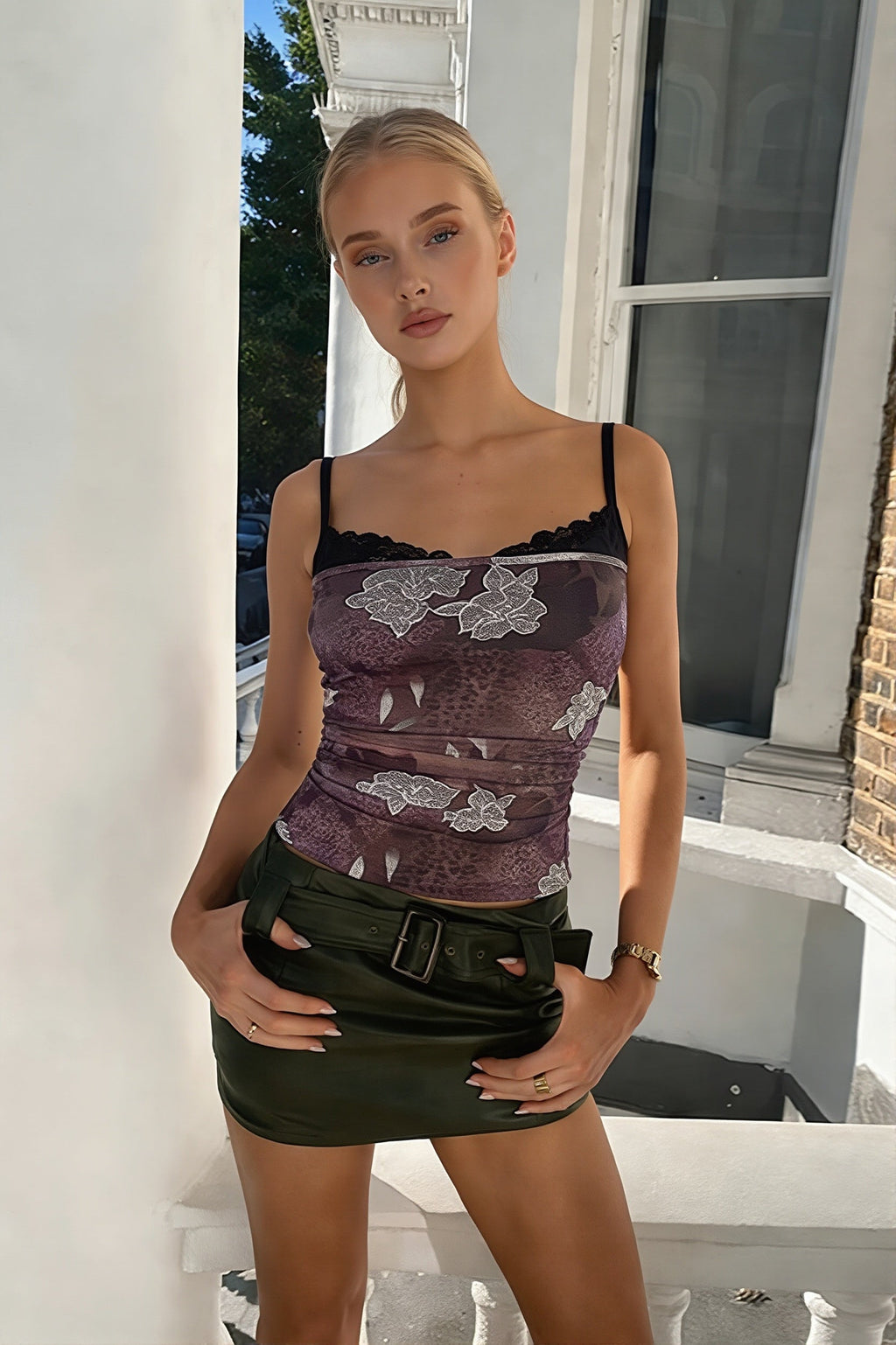 Chic Lace Trim Print Panel Everyday Cami Top