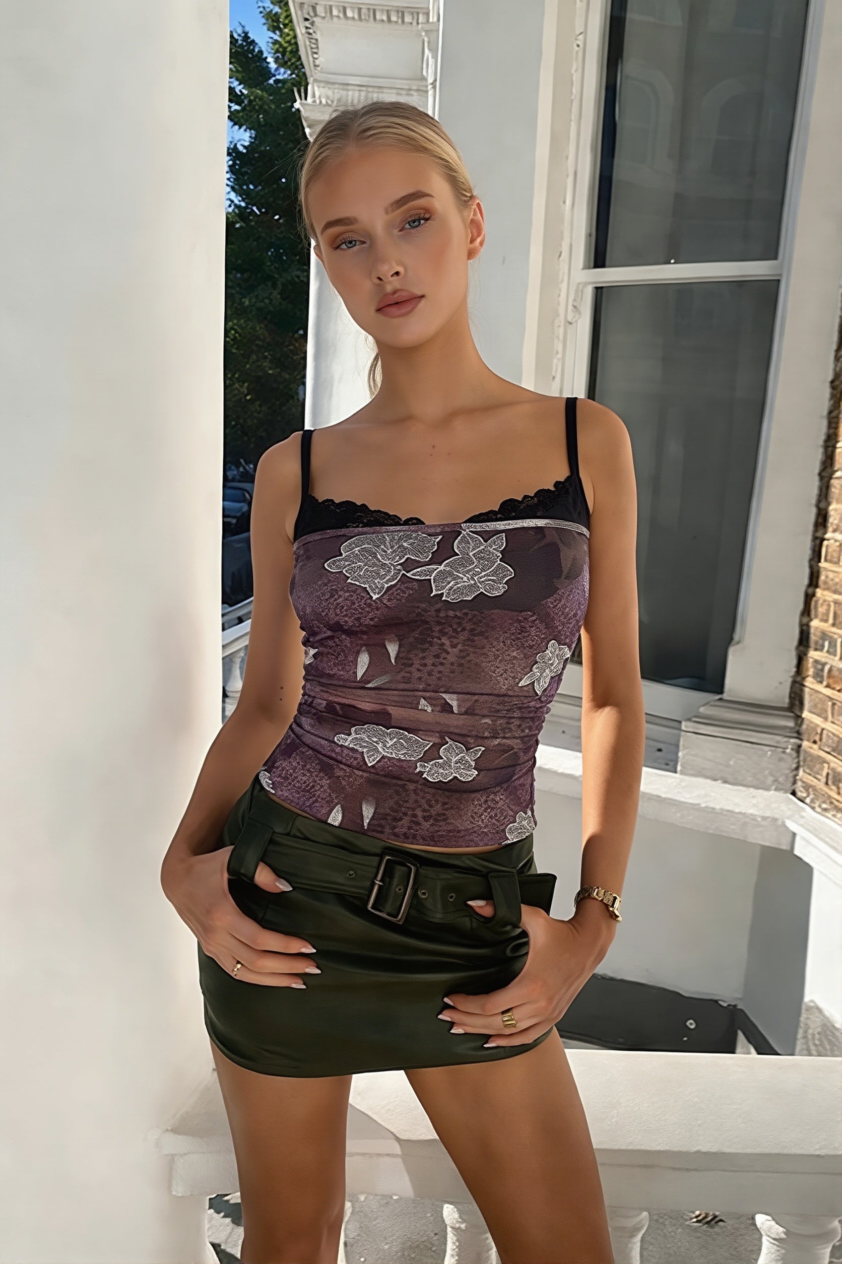 Chic Lace Trim Print Panel Everyday Cami Top