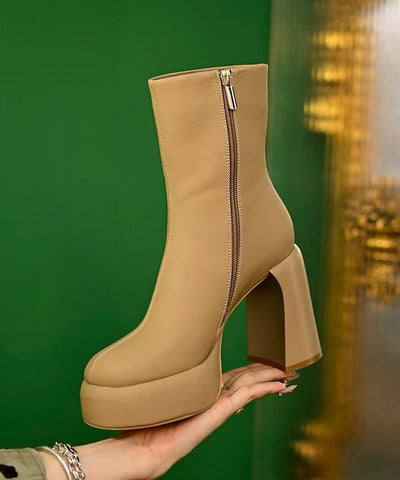 Einzigartige Splicing Chunky Heel Stiefel Gelb Kunstleder 