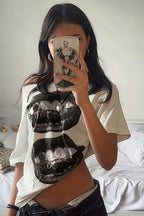 Hip Hop Lip Print Asymmetric Neck Sexy T-shirt