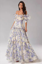 Floral Print Off Shoulder Puff Sleeve Organza Maxi Dress