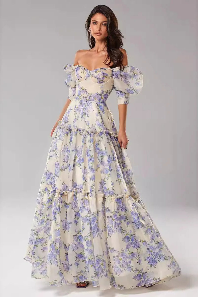 Floral Print Off Shoulder Puff Sleeve Organza Maxi Dress