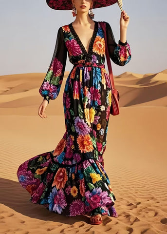 Stil Schwarz V-ausschnitt Blumendruck Baumwolle Vestidos Kleid Frühling