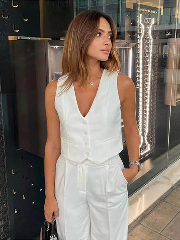 Chaleco corto sin mangas de un solo pecho, informal, a la moda, con cuello en V y bolsillos, ropa de calle sencilla de verano 2024 para mujer 