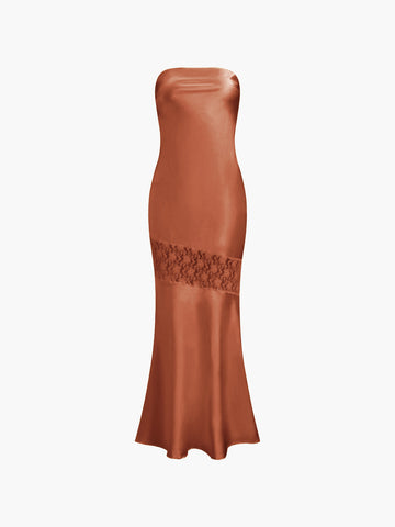Vestido midi de tubo sin tirantes de encaje asimétrico 