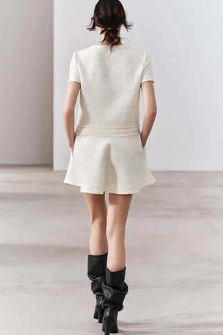 1960er London Girl Tweed Strukturiertes Minikleid mit goldenen Knöpfen und kurzen Ärmeln und Taschen