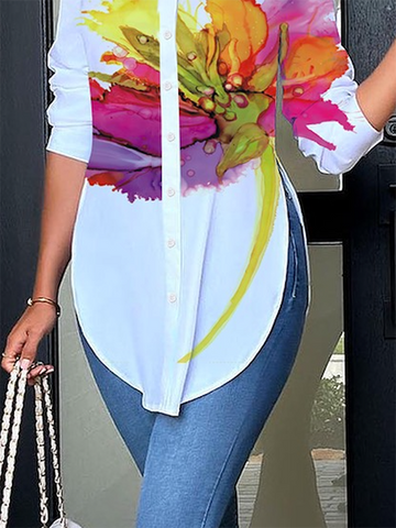 Three-Quarter Sleeves Buttoned Flower Print Split-Side Stand Collar Blouses&Shirts Tops