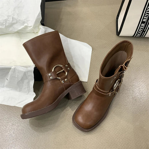 Winter Short Boots For Women Fashion Belt Buckle Biker Boots Female Elegant Square Heel Women's Knight Bootties