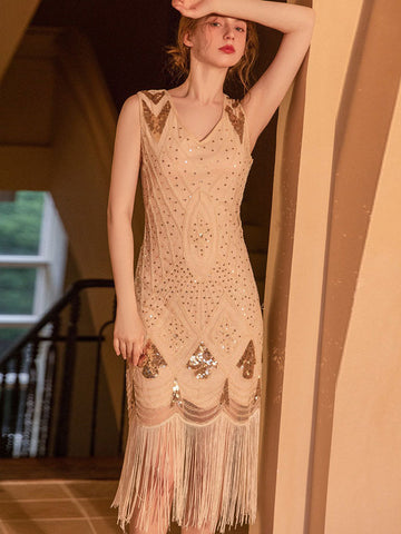 Vestido midi vintage sin mangas con cuello en V y lentejuelas para fiesta de cumpleaños 