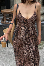Leopard Print V Neck Backless Cami Vacation Maxi Dress