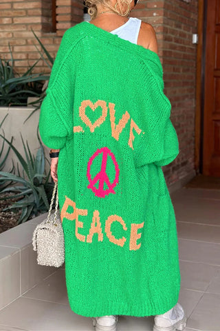 Suéter largo tipo cárdigan con estampado "Amor y Paz" y frente abierto (en 5 colores) 