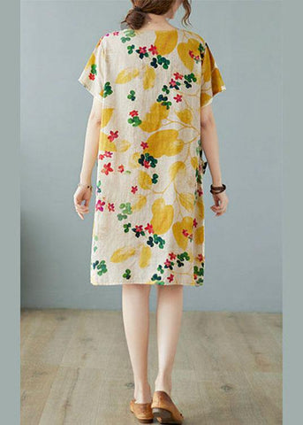 Simple Yellow O Neck Print Dress Cotton Linen Summer