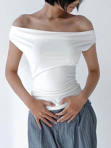Damen Sommer Casual Kurzarm Crop Tops Einfarbig Off Shoulder Boot-Ausschnitt Rückenfrei Slim Fit Tops Streetwear 