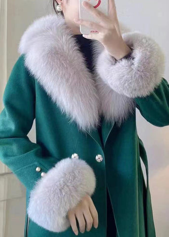 Abrigo francés de cachemira gruesa con cuello de piel morada y lazo en la cintura, manga larga 