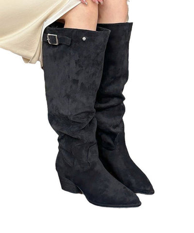 Khakifarbene, klobige Wildlederstiefel mit schickem Spleißdesign und spitzer Zehenpartie 