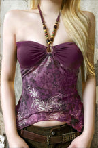 Vintage Bead Asym Hem Mesh Halter Top