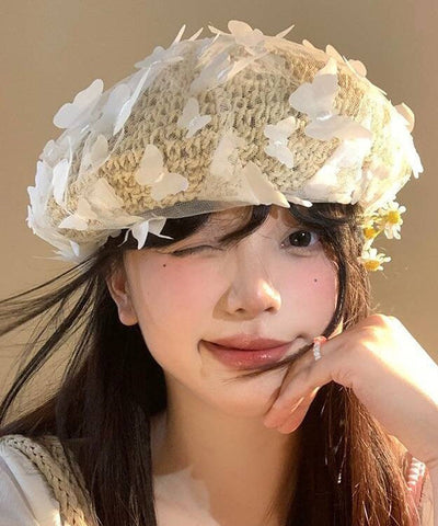 Stylish White Butterfly Tulle Straw Woven Beret Hat