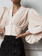 Vintage Lantern Sleeve V-Neck Slim Fit Blouse
