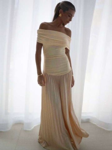 Tossy Women's Pleated Off Shoulder Elegant Bodycon Maxi Dress High Waist Slim Short Sleeve Casual Beach Party Dresses Lady 2024