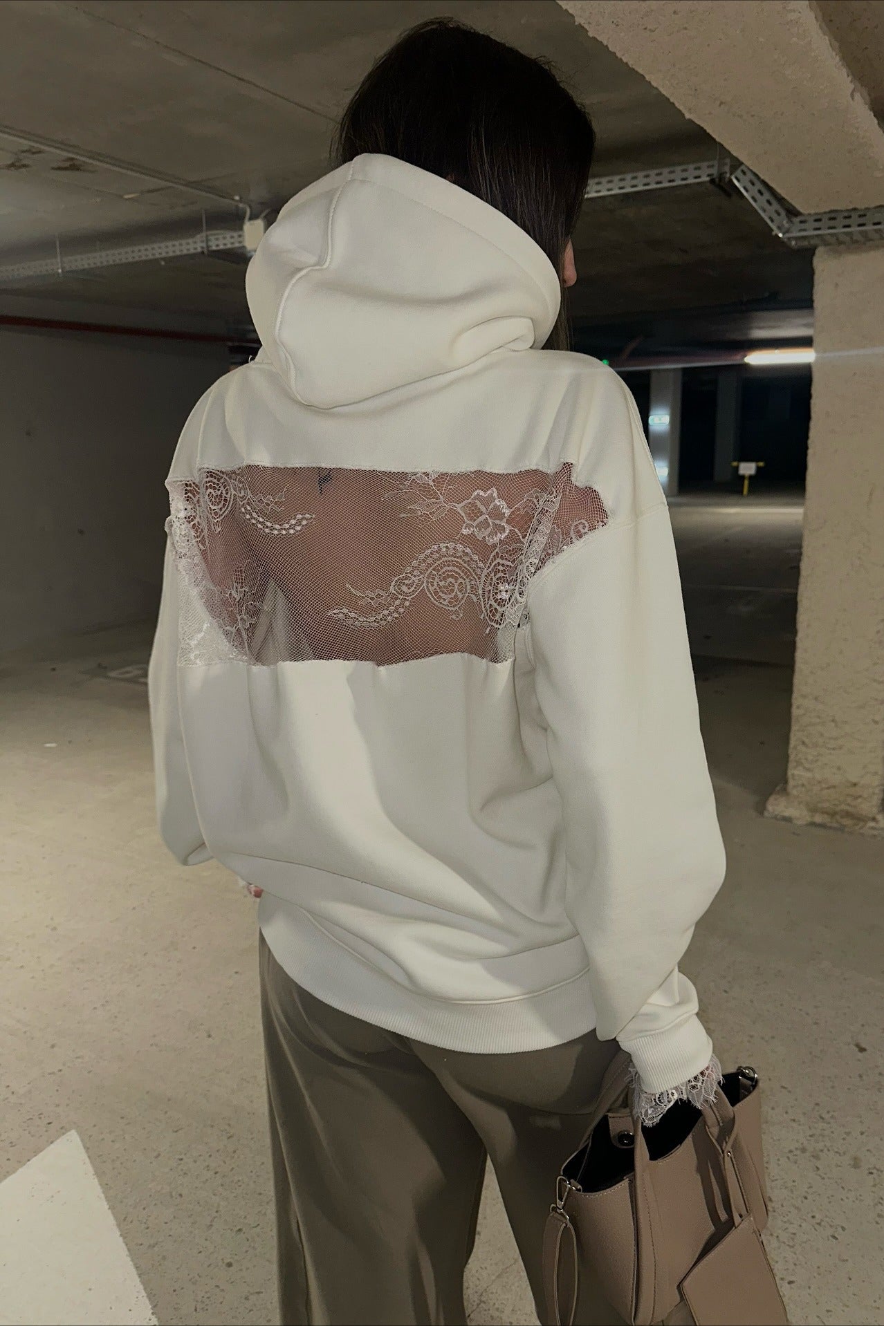 Lace Sheer Cutout Patchwork Hoodie