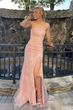Meerjungfrauen-Abendkleid aus Spitze, trägerlos, lang, mit Schlitz