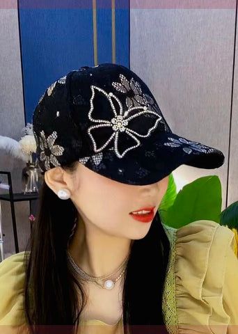 Gorra de béisbol elegante con diseño de mariposas y retazos de circonitas y encaje azul 