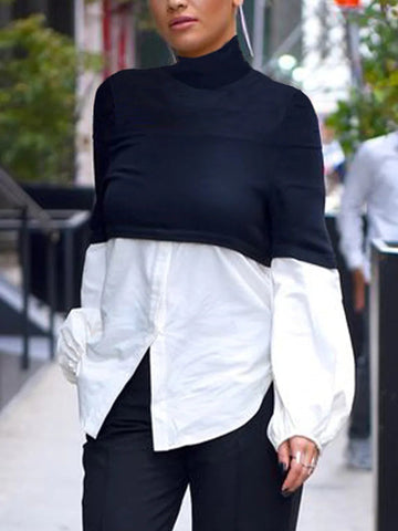 False Two Puff Sleeves Contrast Color Split-Joint High Neck Blouses&shirts Tops