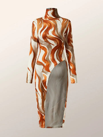 Casual Skinny High-Low Printed High-Neck T-Shirts Tops