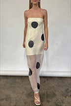 Elegant Polka Dot Strapless Sheer Slim Maxi Dress