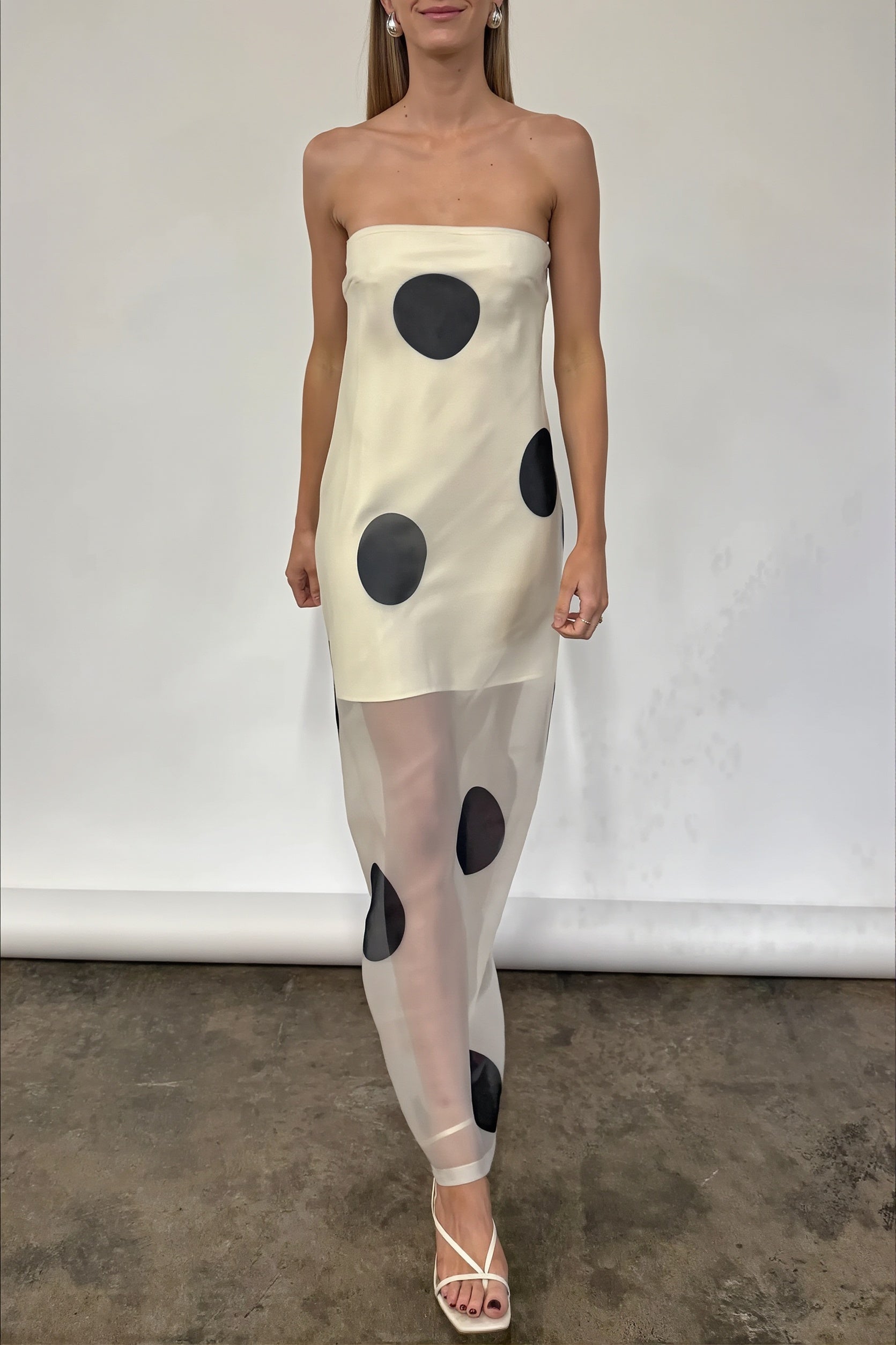 Elegant Polka Dot Strapless Sheer Slim Maxi Dress