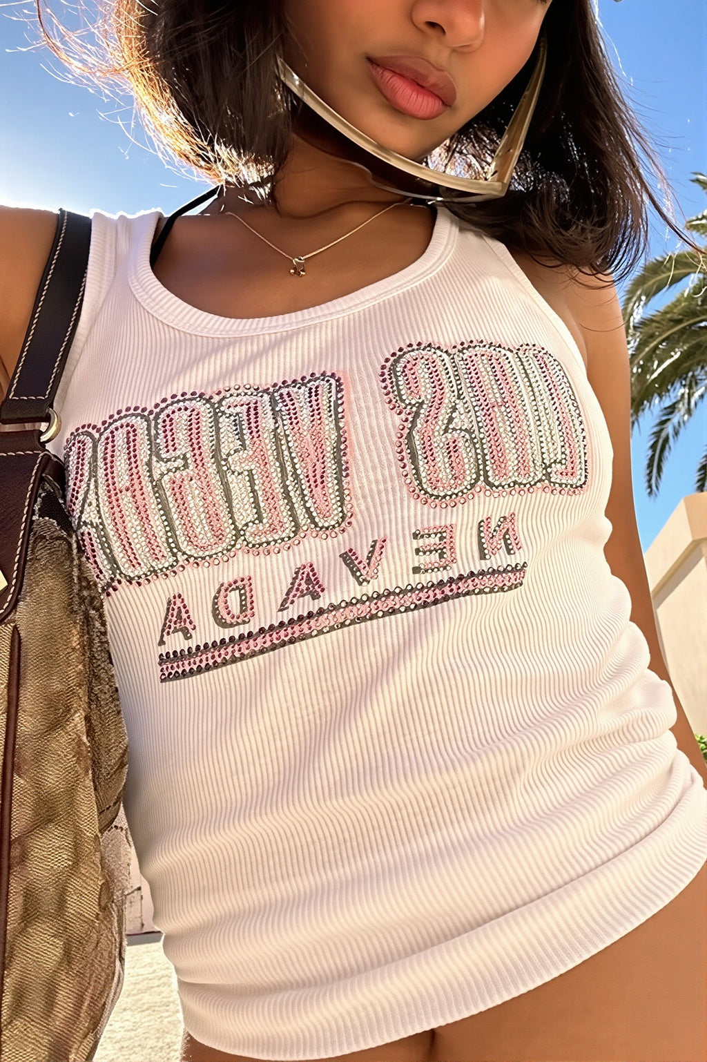 White Print Rhinestone Tank Top