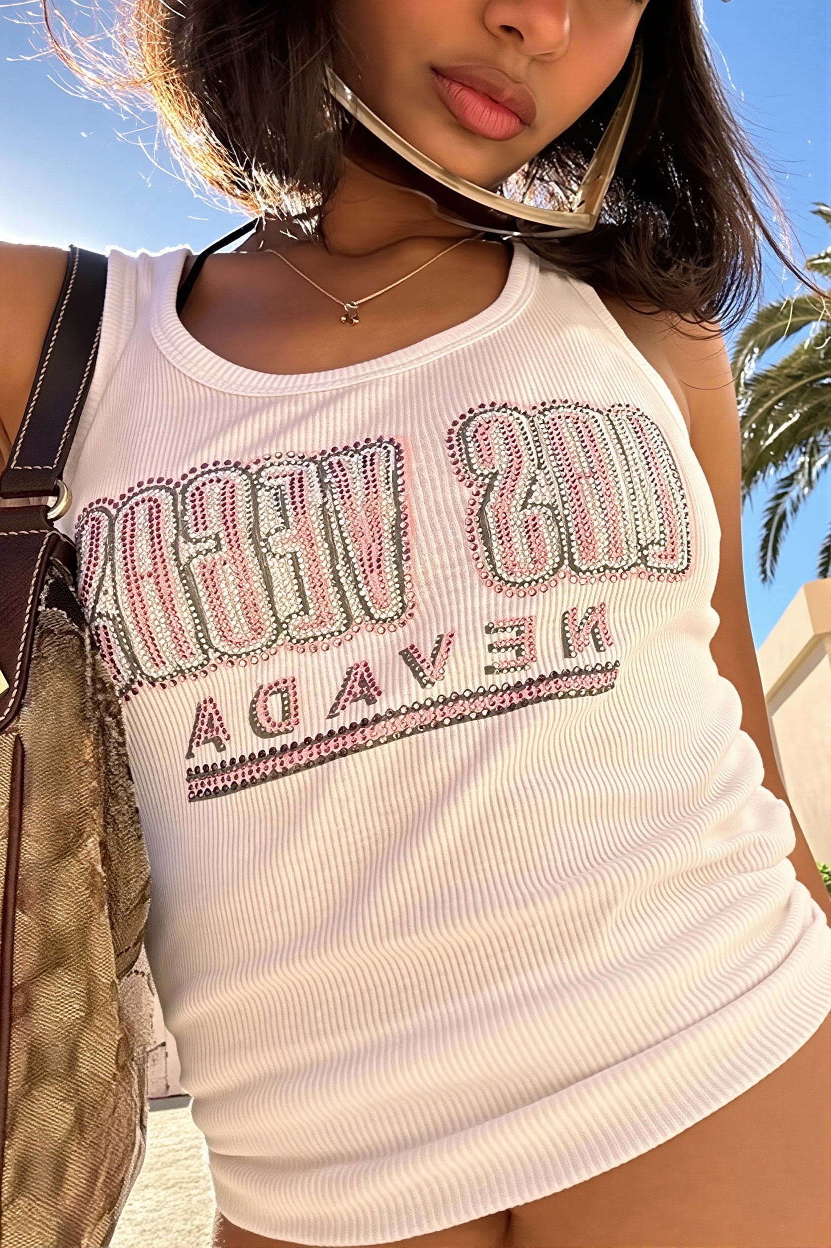 White Print Rhinestone Tank Top