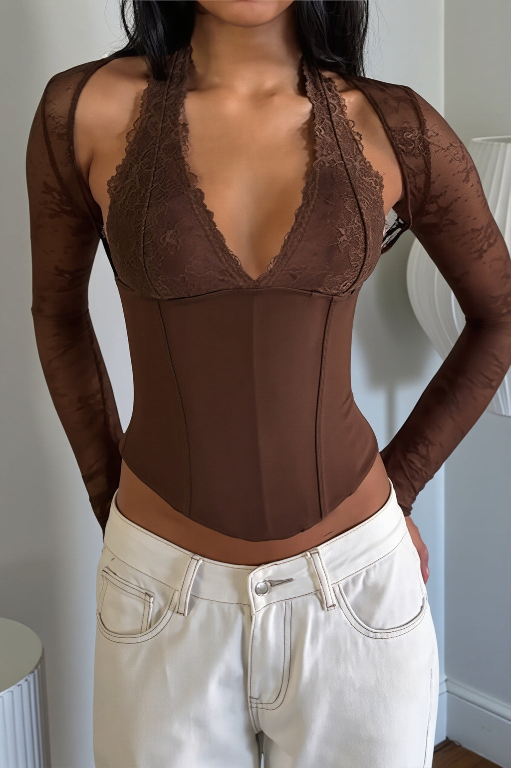 Hollow Solid Halter Lace Splice Blouse
