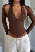 Hollow Solid Halter Lace Splice Blouse