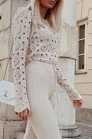 Elegante blusa lisa con escote redondo, transparente y ahuecada 