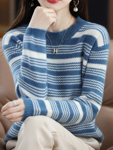 Casual Loose Long Sleeves Striped Round-Neck Sweater Tops