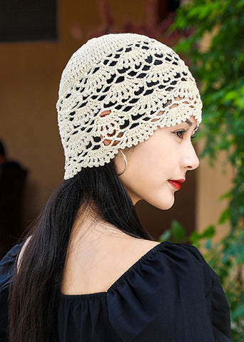 Neu Beige Dünne Hohl Handgemachte Haken Blume Stricken Boonie 