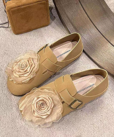 Zapatos planos de piel sintética con estampado floral color caqui y empalme suave para mujer 