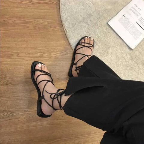 Flat Sandal Shoe All-Match Strappy Heels Shallow Mouth 2024 Women's Suit Female Beige Without Low  Gladiator Girls Outside New C