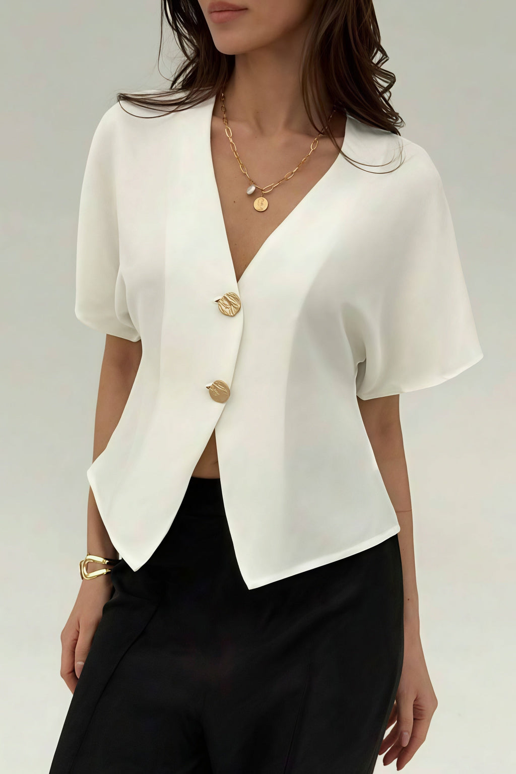 Irregular Button Open Front Short Sleeve Blouse