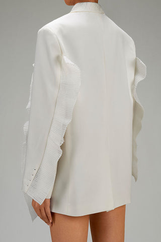 Femininer, plissierter, gerüschter Reverskragen, langärmliger Einreiher-Blazer aus Twill 