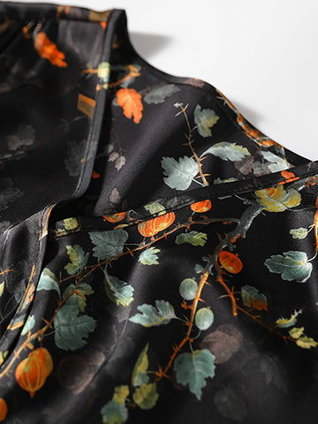 Women Vintage Floral Drawstring V-Neck Loose Dress