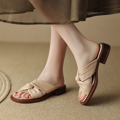 Zapatos de verano para mujer, sandalias de piel auténtica de tacón bajo, zapatos planos concisos, zapatillas de punta abierta para mujer 