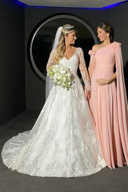 Charming A-Line Lace Sweetheart Long Sleeve  Wedding Dress With Appliques