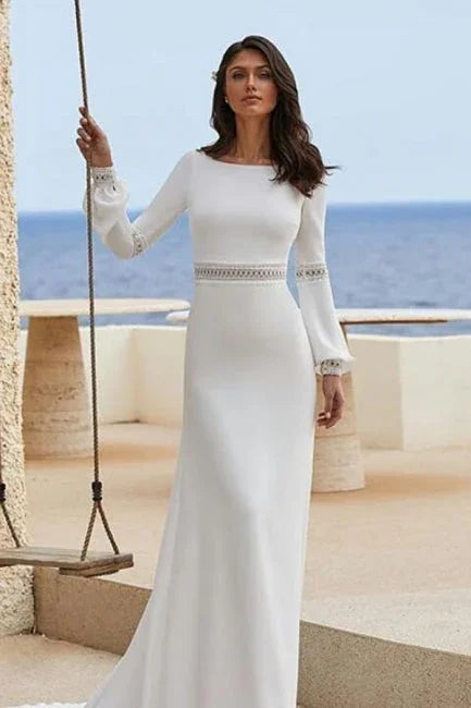 Bezaubernde, säulenförmige Satin-Hochzeitskleider mit langen Ärmeln und Applikationen