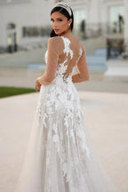 Encantadores vestidos de novia largos de corte A con apliques de encaje y mangas largas