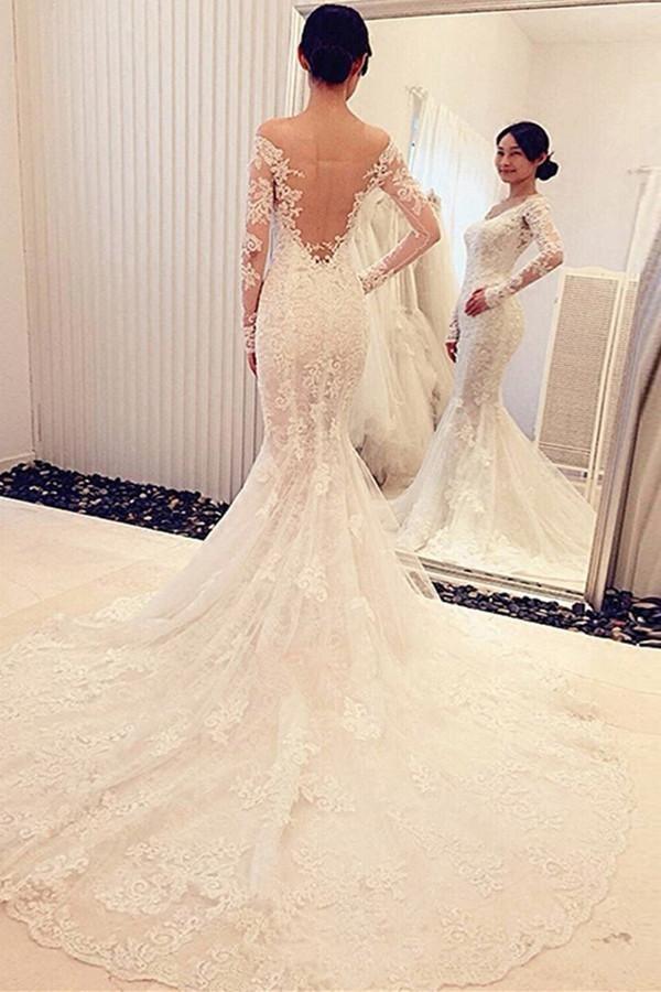 Encantador Vestido de Novia de Encaje de Manga Larga con Hombros Descubiertos y Corte Sirena