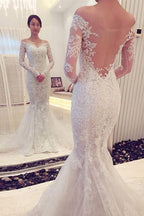 Encantador Vestido de Novia de Encaje de Manga Larga con Hombros Descubiertos y Corte Sirena