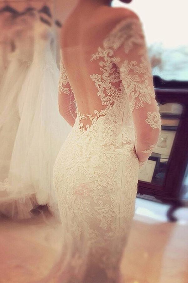 Encantador Vestido de Novia de Encaje de Manga Larga con Hombros Descubiertos y Corte Sirena